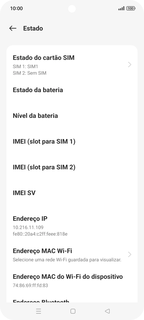 O código IMEI é mostrado no ecrã.