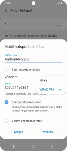 Válaszd a WPA2 PSK lehetőséget, ha jelszóval szeretnéd védeni a Wi-Fi hotspotodat.