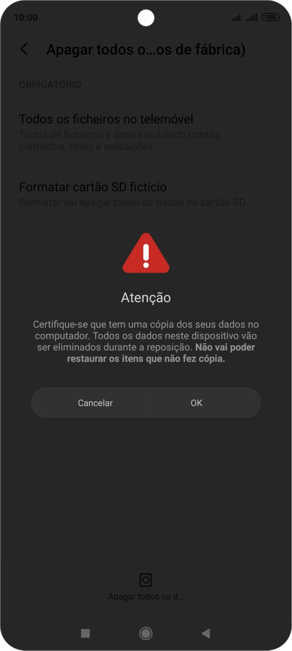Prima OK. Aguarde um momento enquanto o telefone restabelece as definições originais. Siga as indicações no ecrã para configurar o telefone de modo que este fique pronto a ser utilizado.