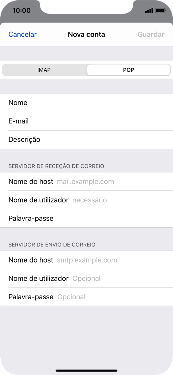 Prima Nome do host e introduza o nome do servidor de receção do fornecedor de e-mail.
