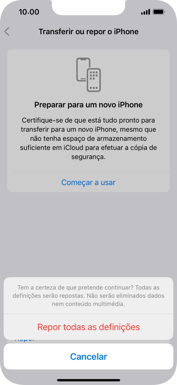 Prima Repor todas as definições. Aguarde um momento enquanto o telefone restabelece as definições originais. Siga as indicações no ecrã para configurar o telefone de modo que este fique pronto a ser utilizado.