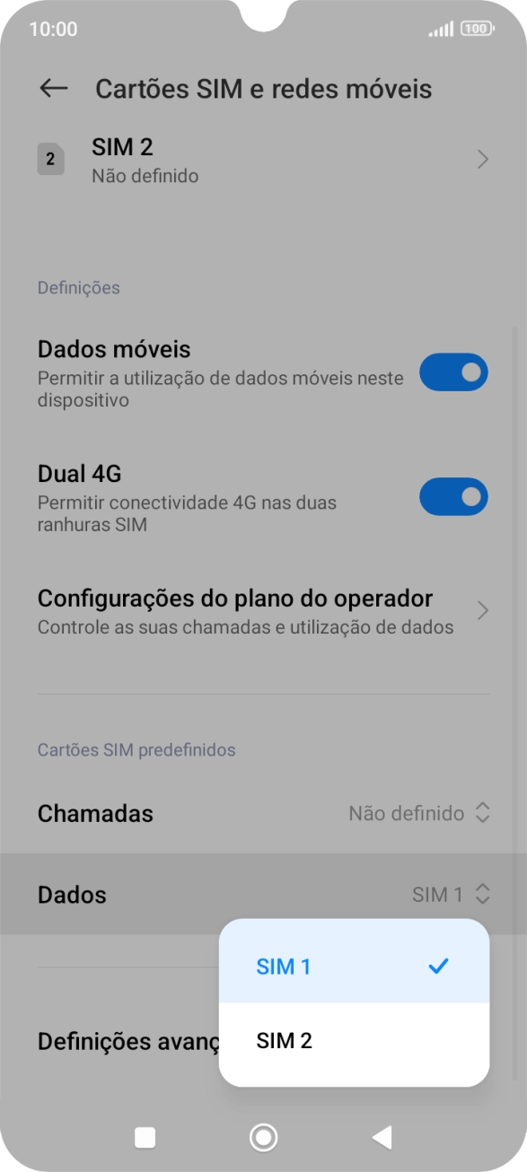 Prima o cartão SIM pretendido.