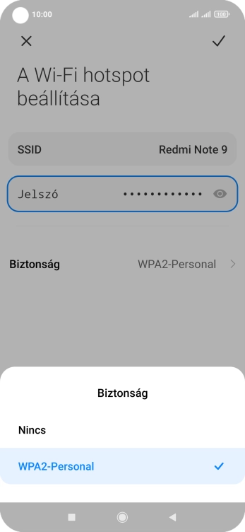 Válaszd a WPA2-Personal lehetőséget, ha jelszóval szeretnéd védeni a Wi-Fi hotspotodat.
