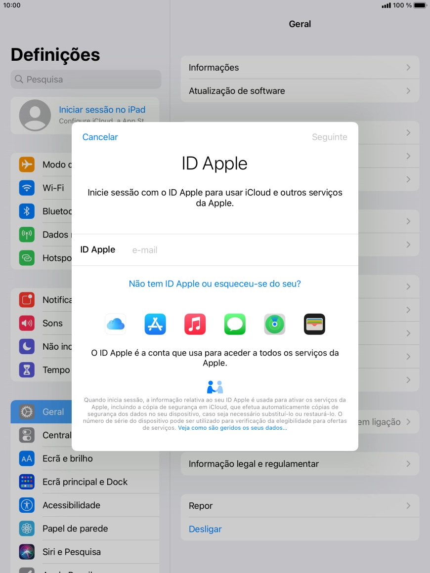 Se não tiver um ID Apple, prima Não tem ID Apple ou esqueceu-se do seu? e siga as indicações no ecrã para criar um ID Apple.
