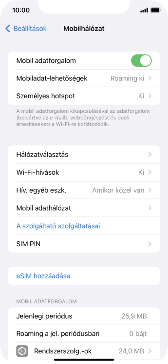 Kattints a „Mobil adatforgalom” melletti csúszkára a funkció be- vagy kikapcsolásához.