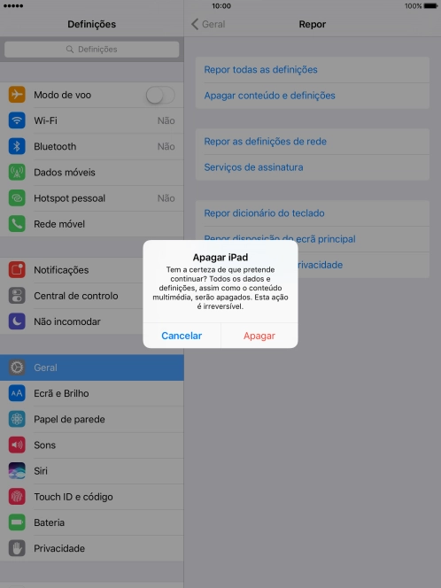 Prima Apagar. Aguarde um momento enquanto o tablet restabelece as definições originais. 
Siga as indicações no ecrã para configurar o tablet de modo que este fique pronto a ser utilizado.