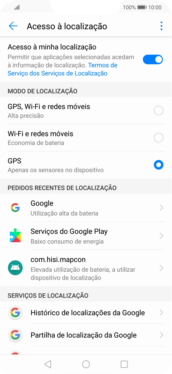 Se escolher GPS, Wi-Fi e redes móveis, o telefone irá encontrar a sua localização precisa utilizando os satélites GPS, a rede móvel e as redes Wi-Fi nas proximidades. A navegação por satélite GPS requer vista livre ao céu.