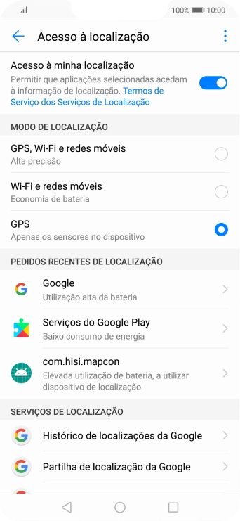 Se escolher GPS, Wi-Fi e redes móveis, o telefone irá encontrar a sua localização precisa utilizando os satélites GPS, a rede móvel e as redes Wi-Fi nas proximidades. A navegação por satélite GPS requer vista livre ao céu.
