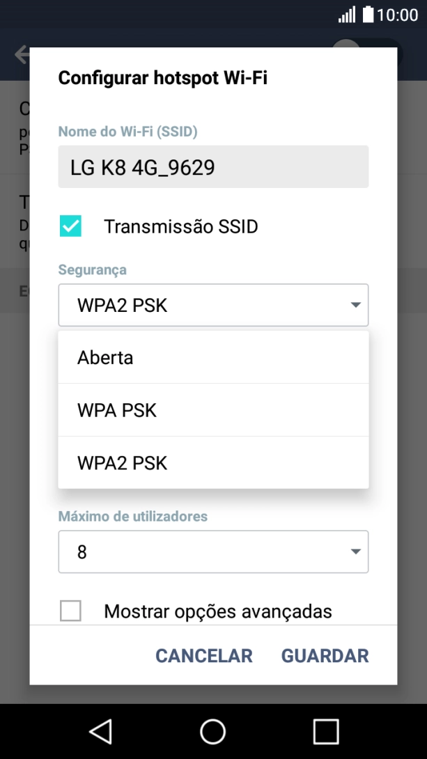 Prima WPA2 PSK para proteger o hotspot Wi-Fi com uma password.