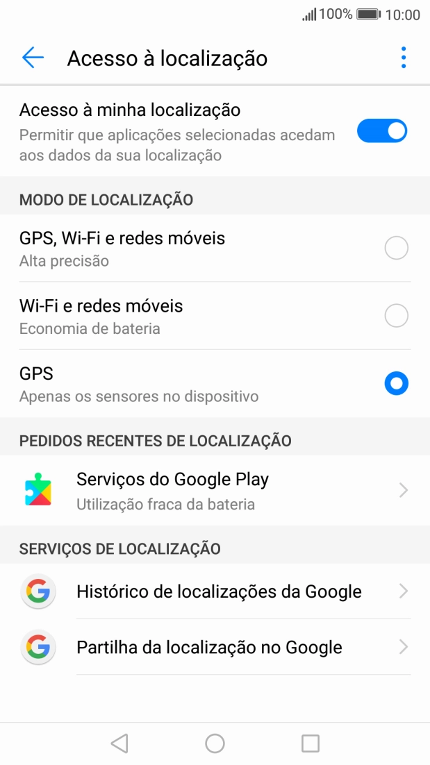 Se escolher GPS, Wi-Fi e redes móveis, o telefone irá encontrar a sua localização precisa utilizando os satélites GPS, a rede móvel e as redes Wi-Fi  nas proximidades. A navegação por satélite GPS requer vista livre ao céu.