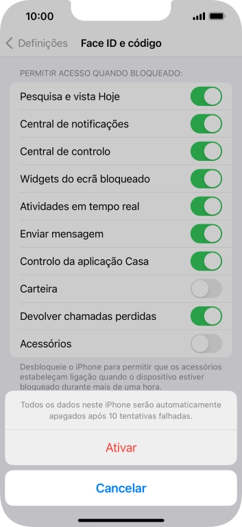 Se ativar a função, prima Ativar.