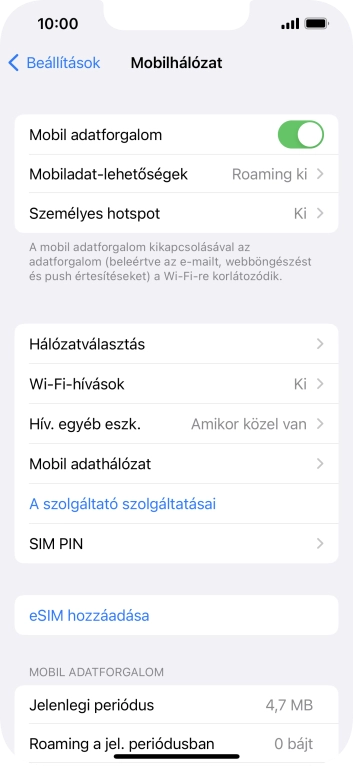 Kattints a „Mobil adatforgalom” melletti csúszkára a funkció be- vagy kikapcsolásához.