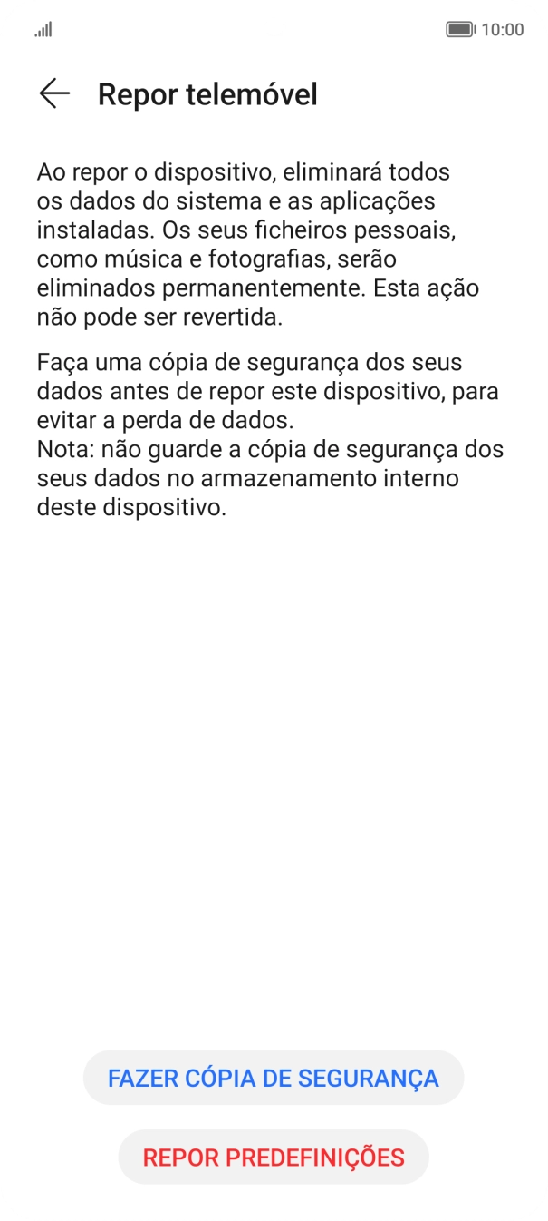 Prima REPOR PREDEFINIÇÕES. Aguarde um momento enquanto o telefone restabelece as definições originais. Siga as indicações no ecrã para configurar o telefone de modo que este fique pronto a ser utilizado.