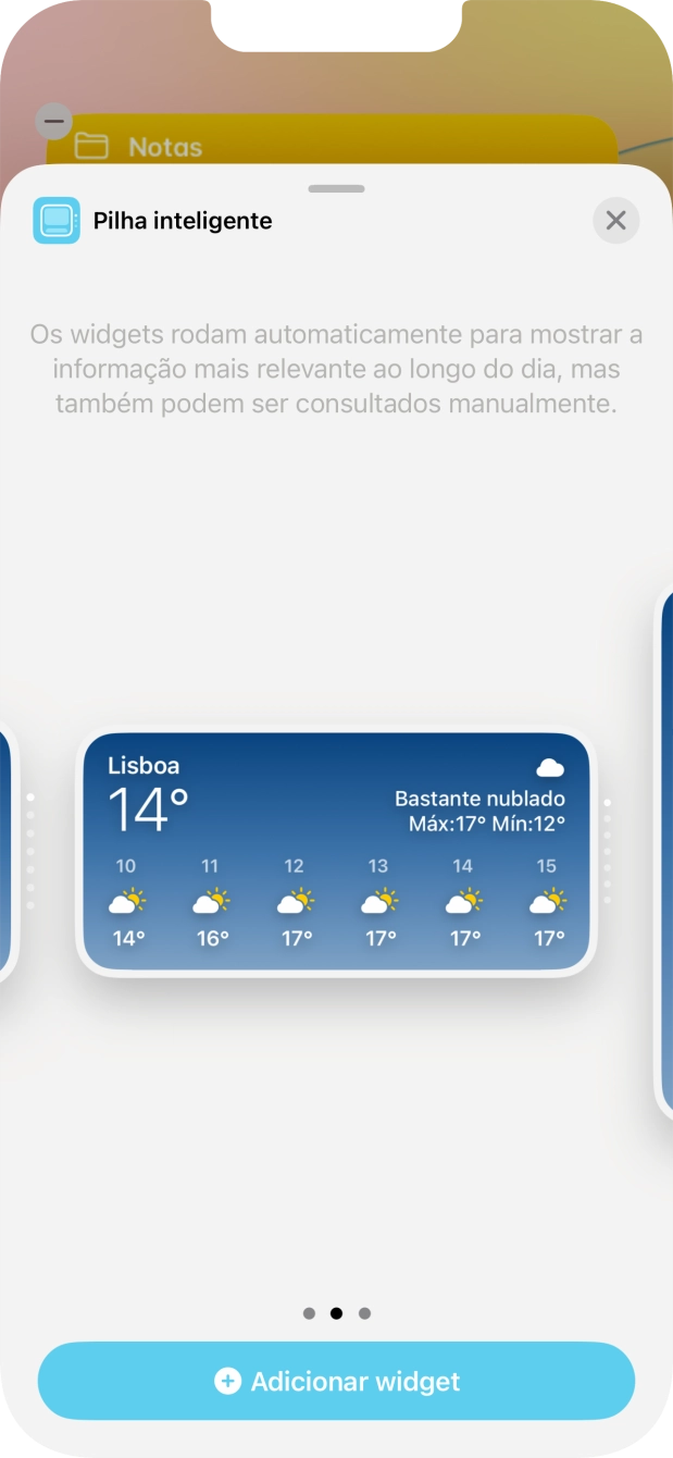 Para escolher a dimensão pretendida para o widget, deslize o dedo para a direita ou para a esquerda sobre o ecrã.