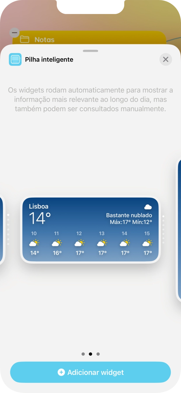 Para escolher a dimensão pretendida para o widget, deslize o dedo para a direita ou para a esquerda sobre o ecrã.