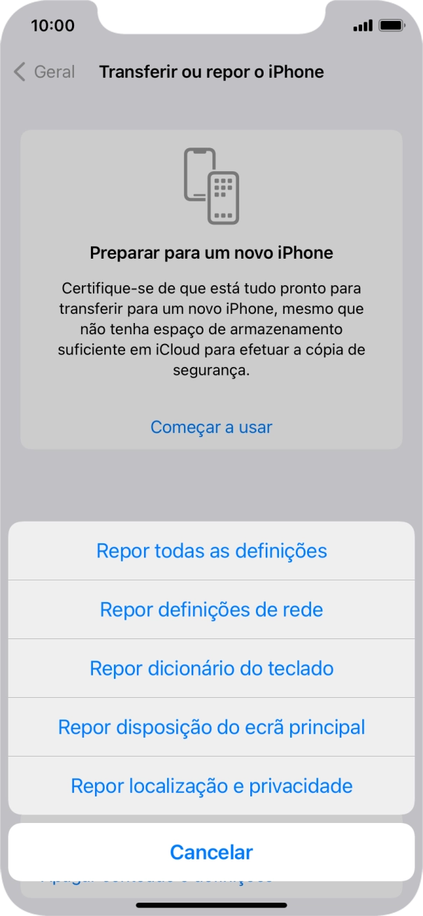 Prima Repor todas as definições.