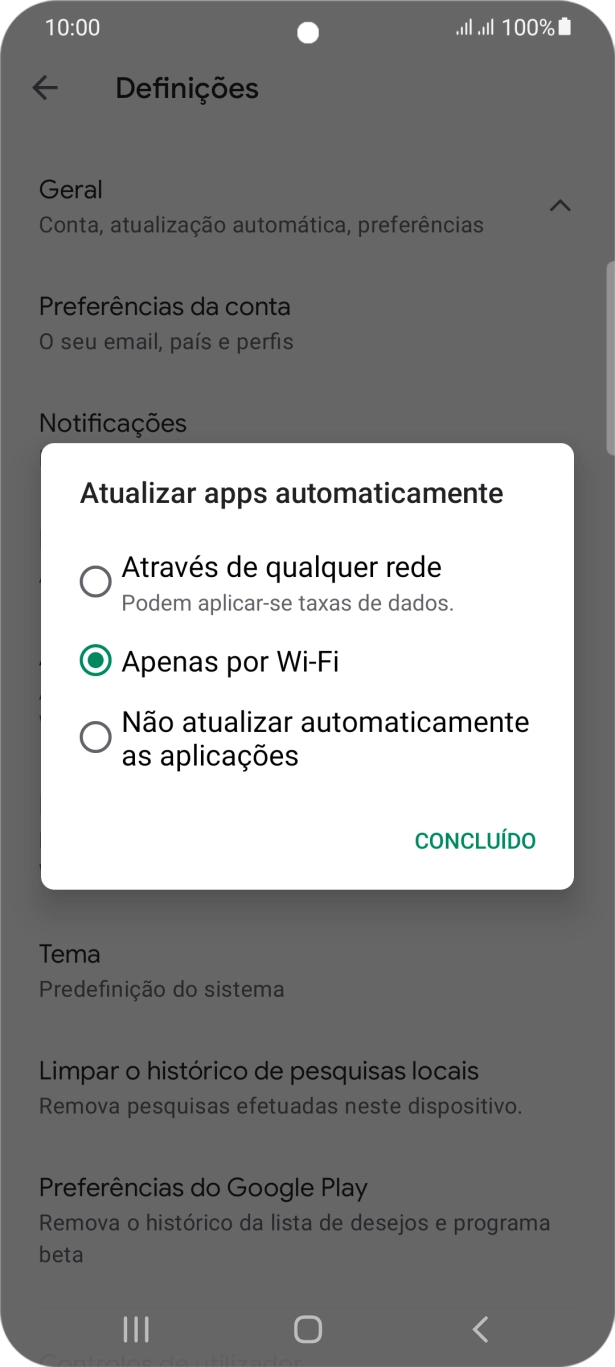 Para ativar a atualização automática de apps via redes móveis, prima Através de qualquer rede.