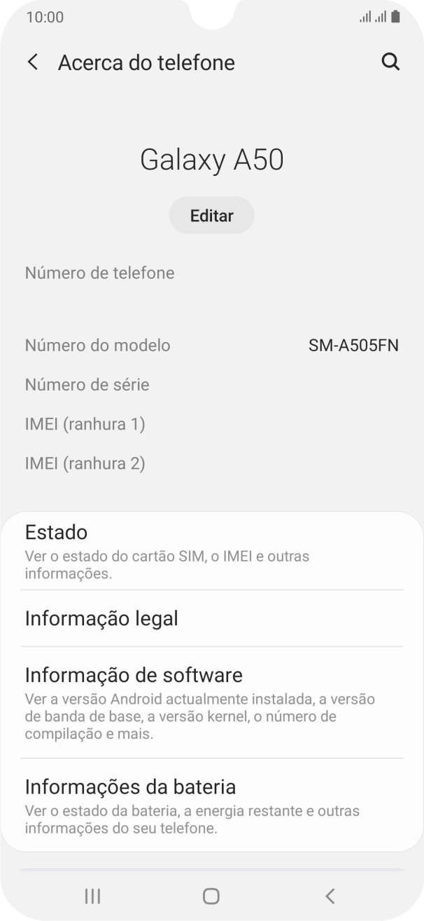 O código IMEI é mostrado no ecrã.