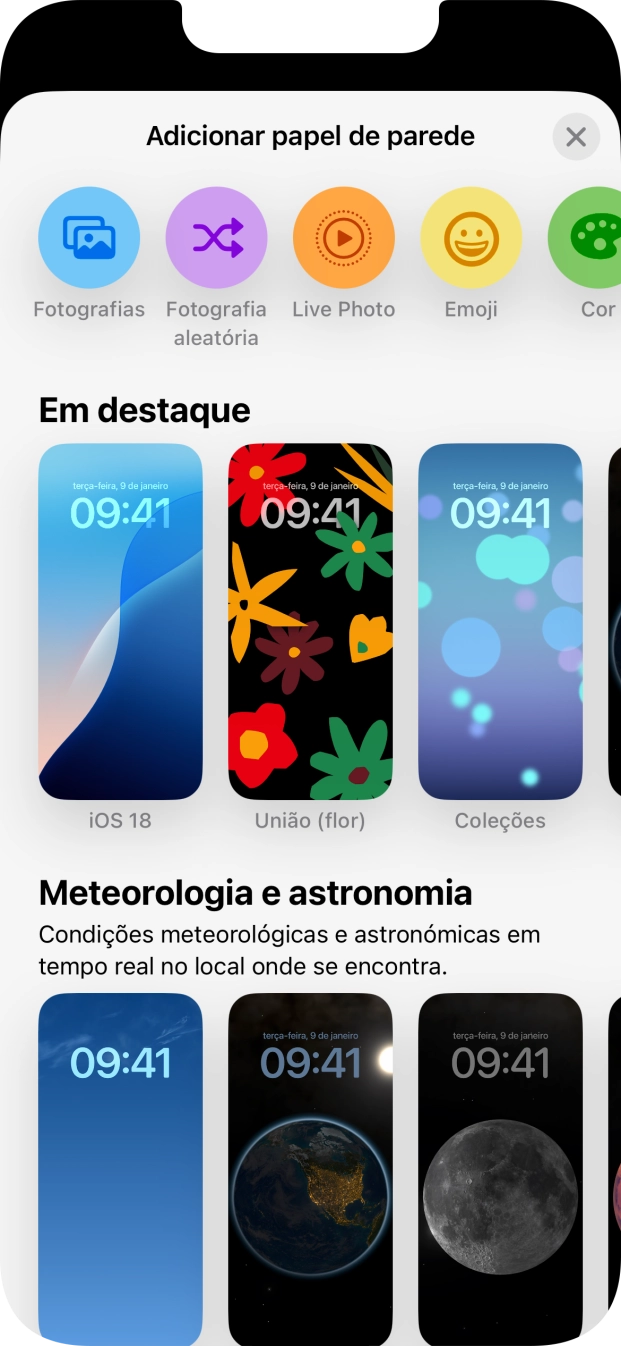 Prima a categoria pretendida e siga as indicações no ecrã para escolher a imagem de fundo pretendida.