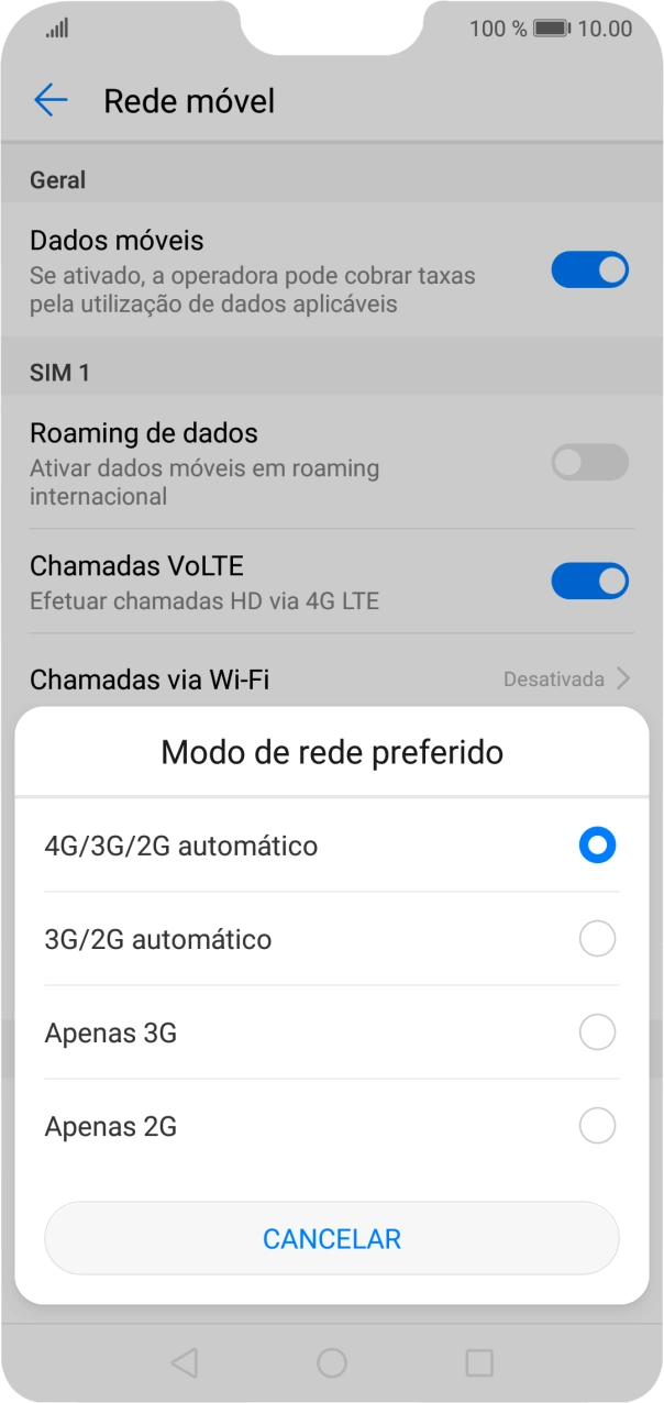 Prima o tipo de rede pretendido.
