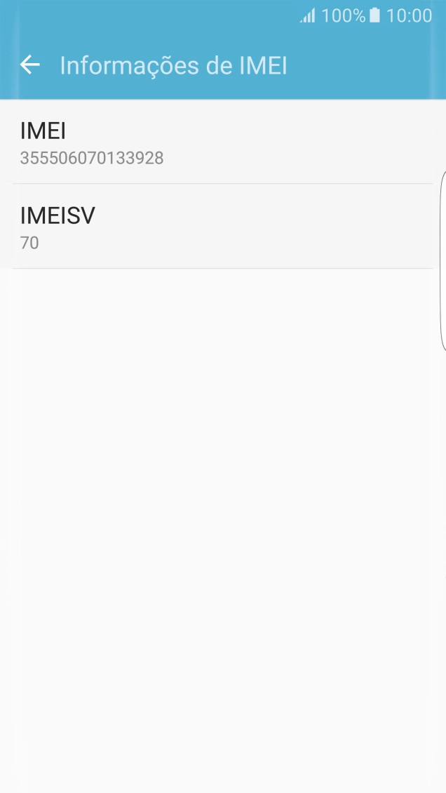 O código IMEI é mostrado no ecrã.