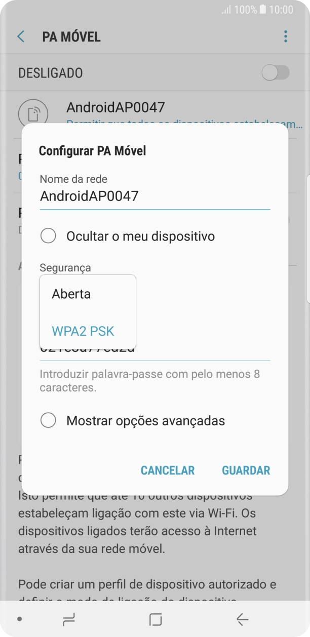 Prima WPA2 PSK para proteger o hotspot Wi-Fi com uma password.