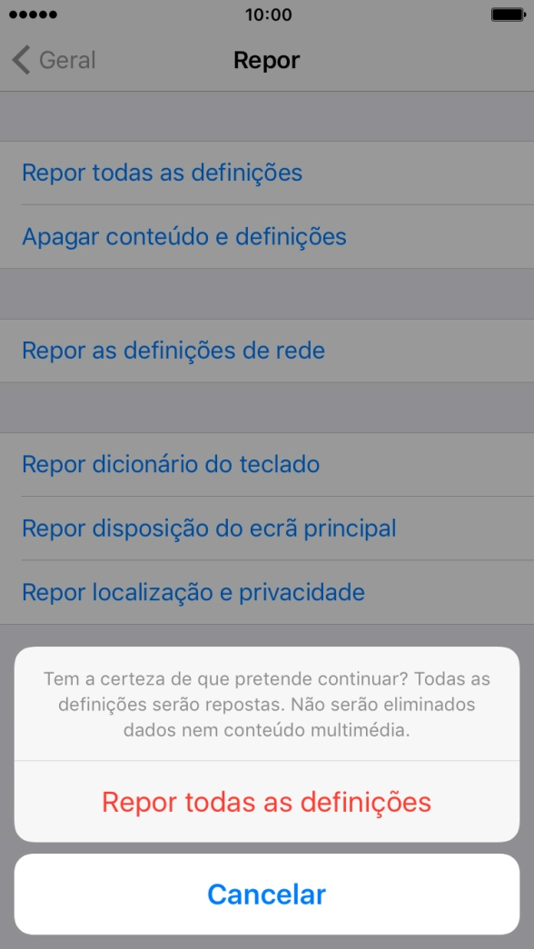 Prima Repor todas as definições. Aguarde um momento enquanto o telefone restabelece as definições originais. 
Siga as indicações no ecrã para configurar o telefone de modo que este fique pronto a ser utilizado.