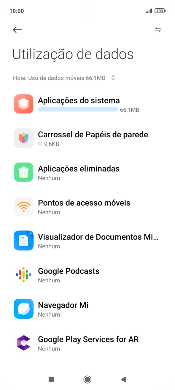 O consumo de dados de cada aplicação é mostrado sob o nome da aplicação.