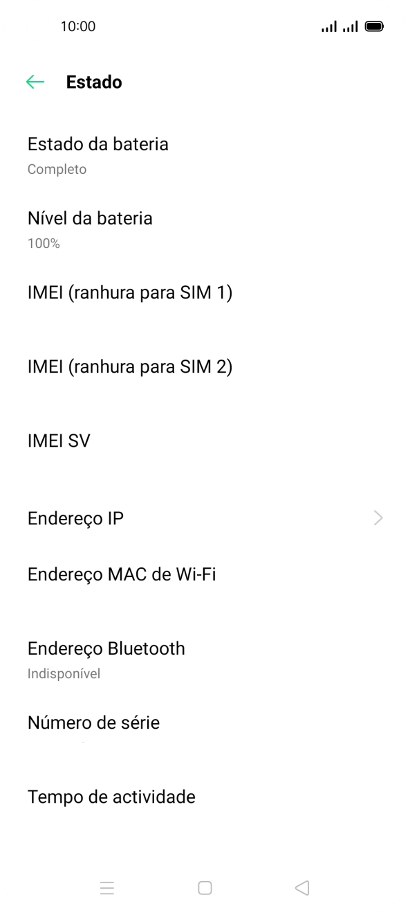 O código IMEI é mostrado no ecrã.