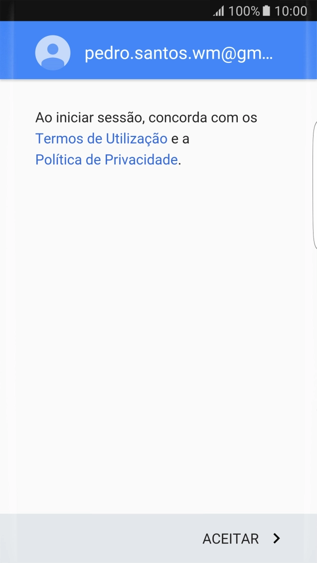 Prima ACEITAR e siga as indicações no ecrã para escolher as definições da conta Google.