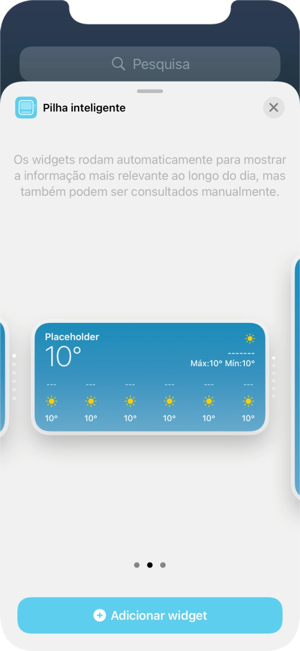Para escolher a dimensão pretendida para o widget, deslize o dedo para a direita ou para a esquerda sobre o ecrã.