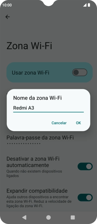 Introduza o nome pretendido do hotspot Wi-Fi e prima OK.