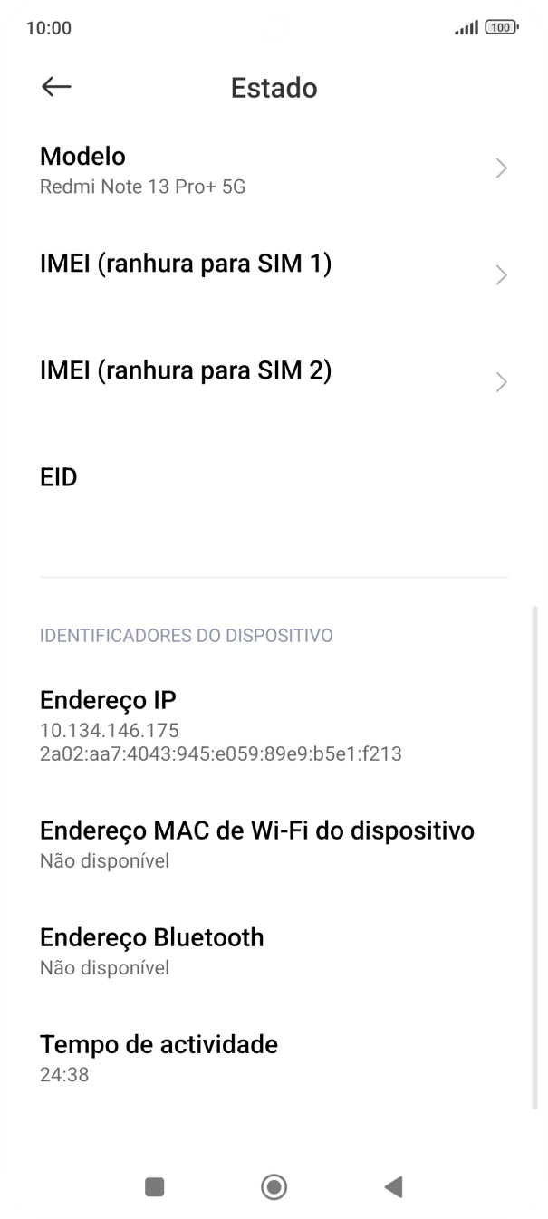 O código IMEI é mostrado no ecrã.