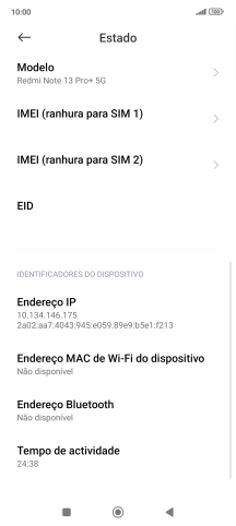 O código IMEI é mostrado no ecrã.