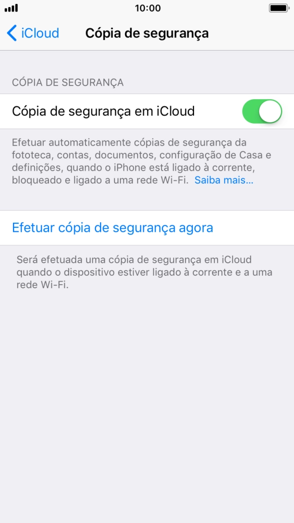 Prima Efetuar cópia de segurança agora e aguarde enquanto é efetuada a cópia de segurança do conteúdo da memória do telefone.