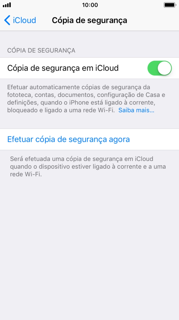 Prima Efetuar cópia de segurança agora e aguarde enquanto é efetuada a cópia de segurança do conteúdo da memória do telefone.