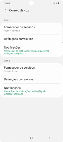 Prima Definições correio voz sob o cartão SIM pretendido.
