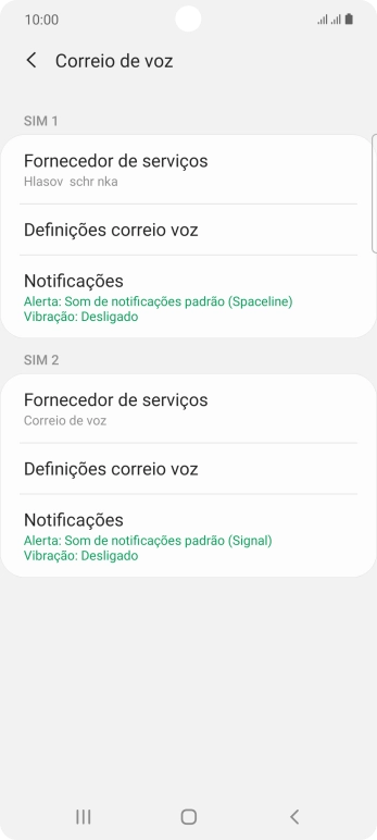 Prima Definições correio voz sob o cartão SIM pretendido.