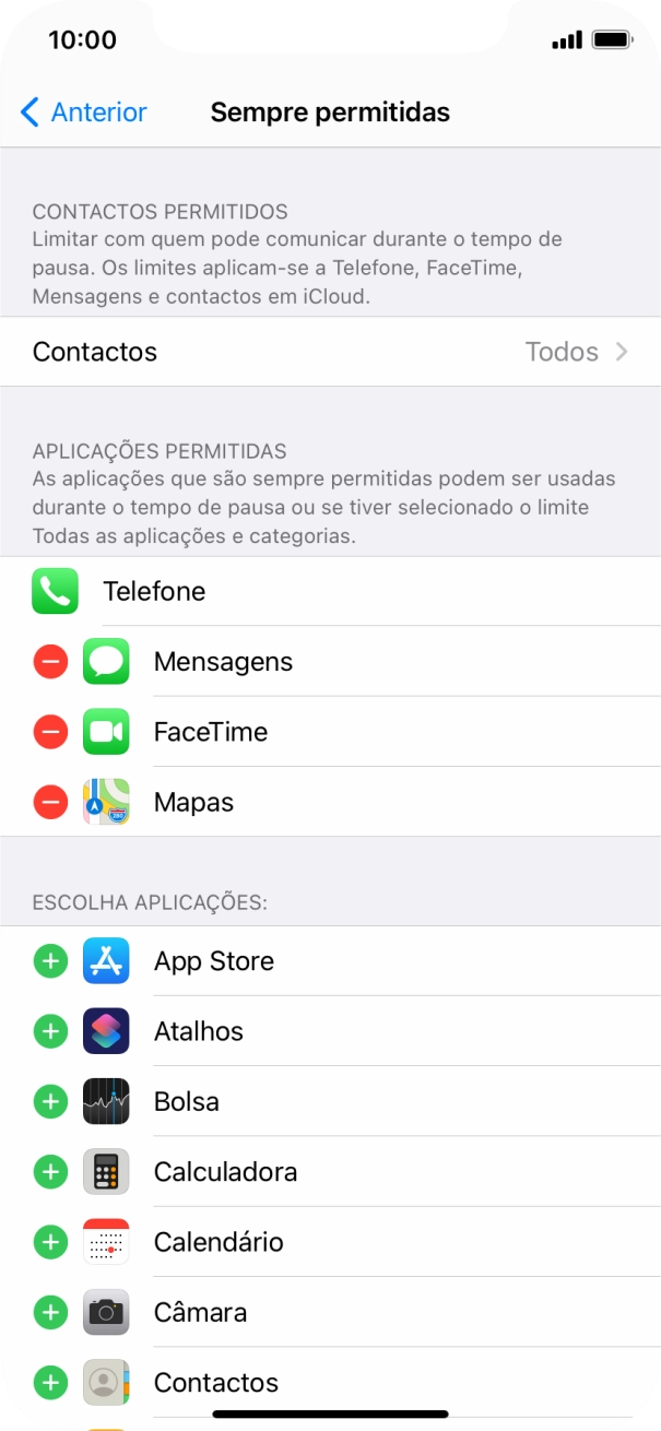 Prima o ícone para adicionar junto da app pretendida para a adicionar à lista de apps permitidas durante o Tempo de pausa.