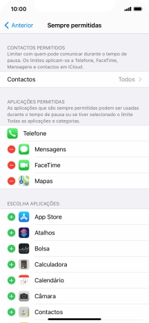 Prima o ícone para adicionar junto da app pretendida para a adicionar à lista de apps permitidas durante o Tempo de pausa.