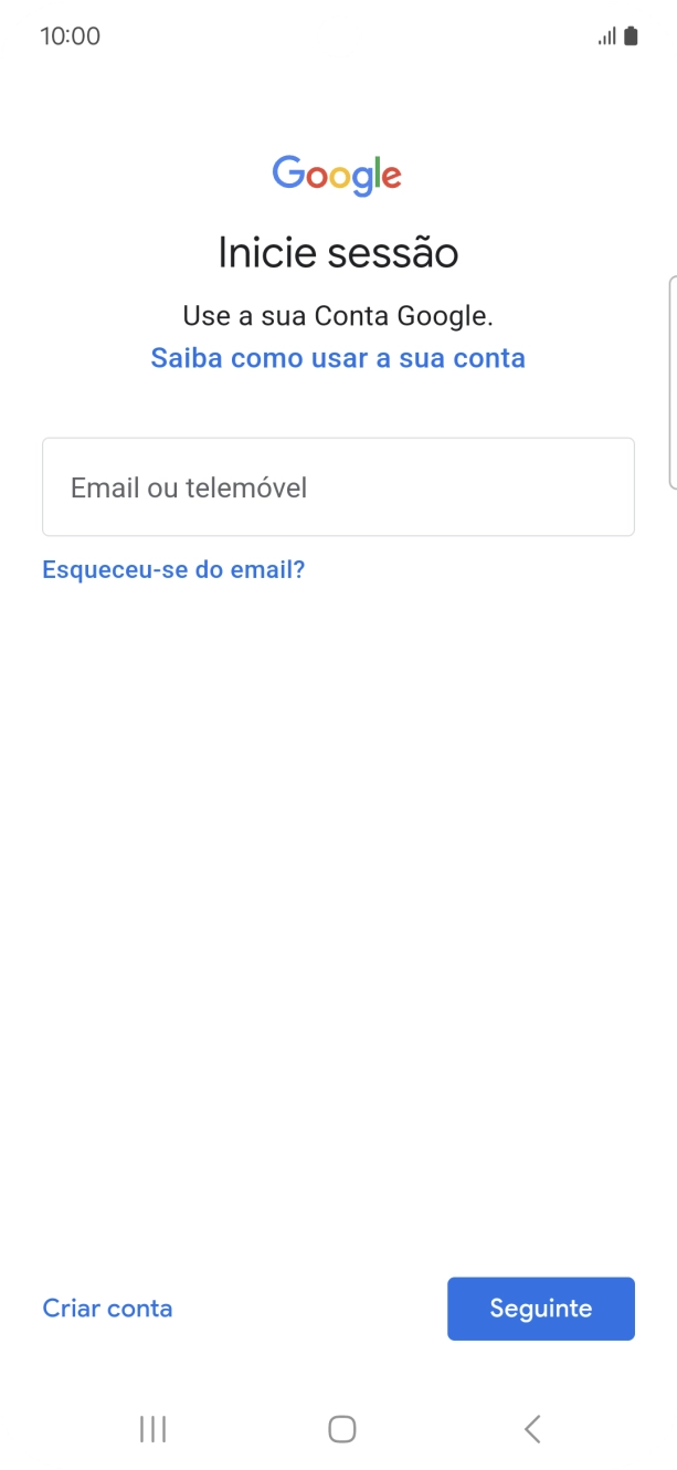 Se não tiver uma conta Google, prima Criar conta e siga as indicações no ecrã para criar uma conta.