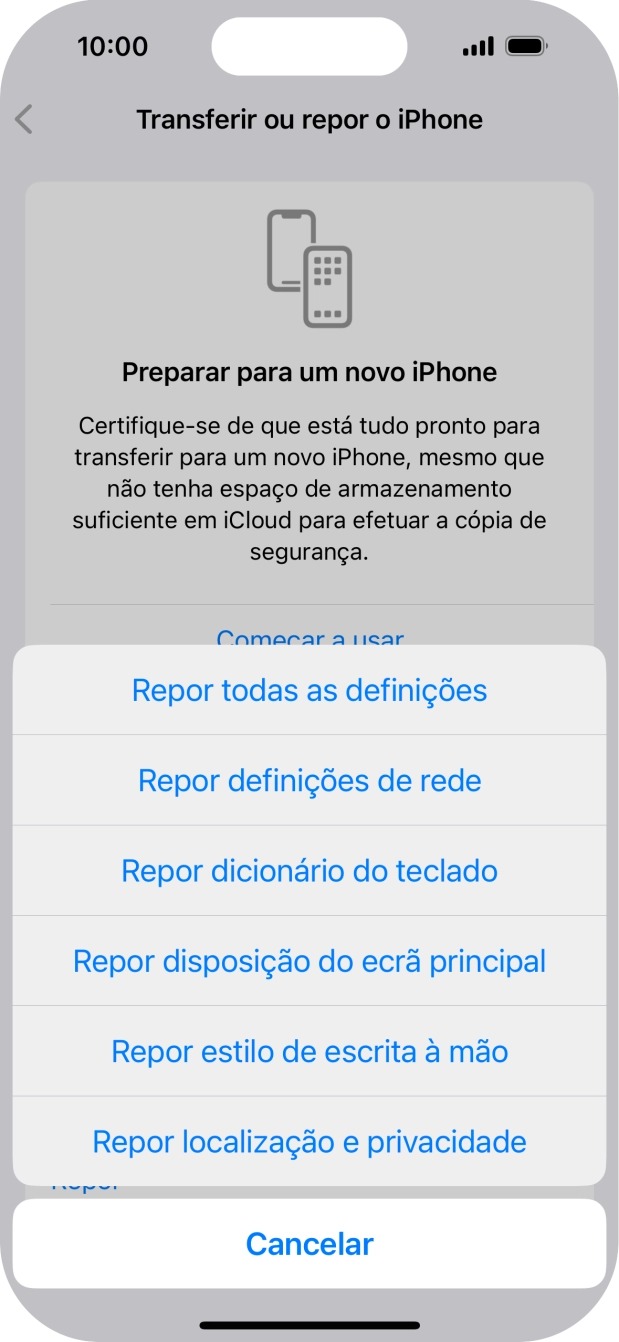Prima Repor todas as definições.