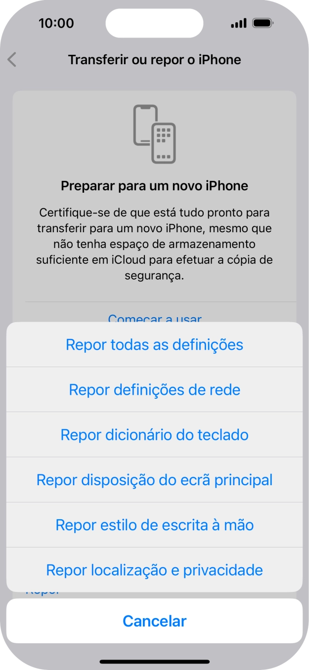 Prima Repor todas as definições.