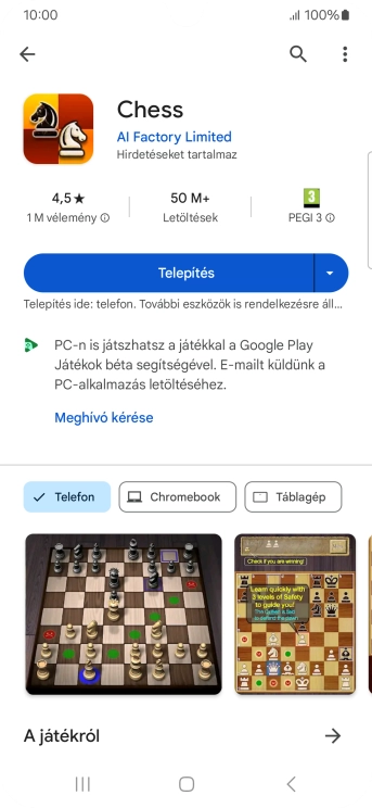 Válaszd a Telepítés lehetőséget, és kövesd a képernyőn megjelenő utasításokat az alkalmazás telepítéséhez.