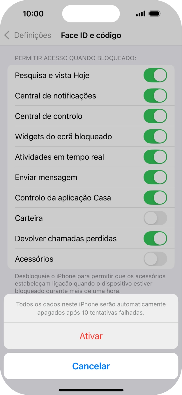 Se ativar a função, prima Ativar.