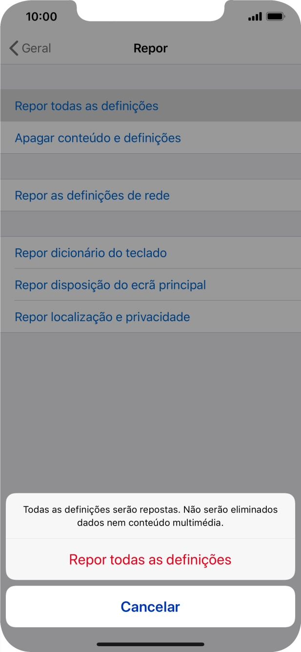 Prima Repor todas as definições.