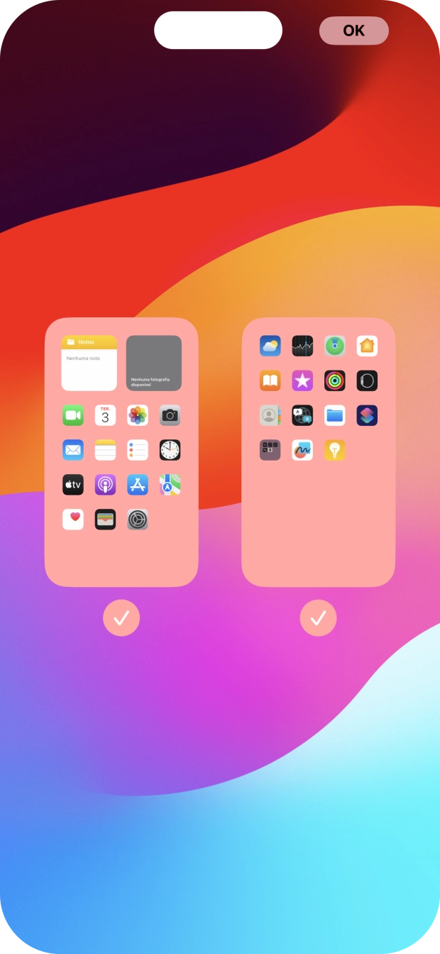 Prima os campos sob as páginas do ecrã inicial pretendidas, para ativar ou desativar a exibição de páginas.