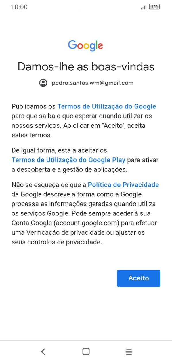 Prima Aceito e siga as indicações no ecrã para escolher as definições da conta Google.