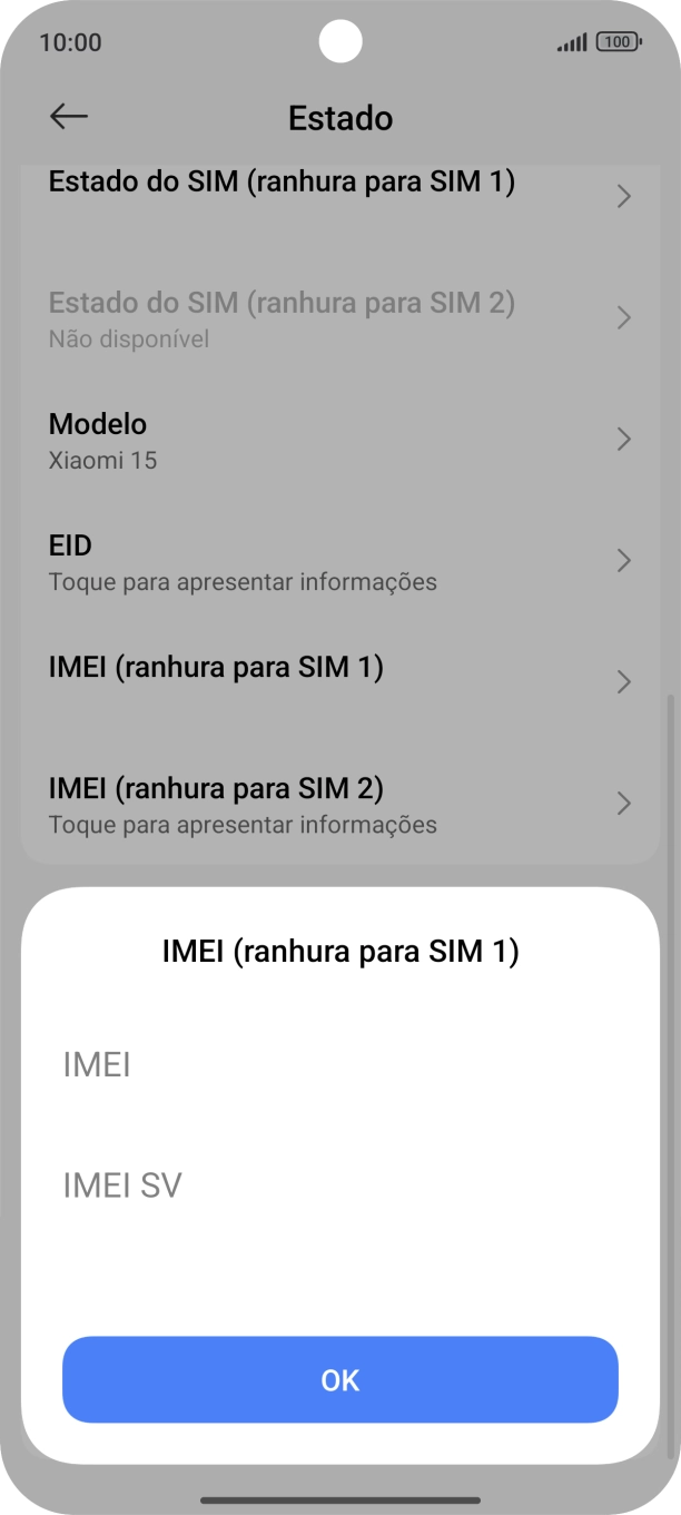 O código IMEI é mostrado no ecrã.