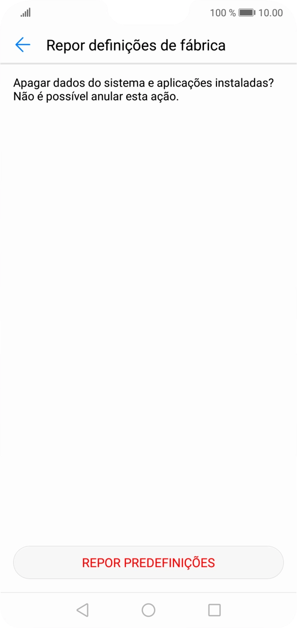 Prima REPOR PREDEFINIÇÕES. Aguarde um momento enquanto o telefone restabelece as definições originais. Siga as indicações no ecrã para configurar o telefone de modo que este fique pronto a ser utilizado.